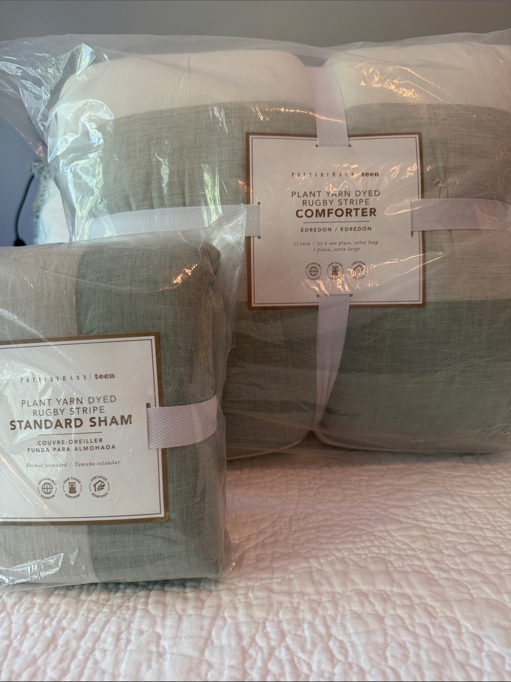 Pottery Barn Teen Plant Yarn Dyed Rugby Stripe Comforter & Sham - Sage - NWT
